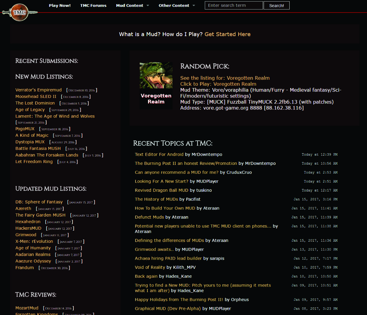 Front Page Random Pick - Filter?The Mud Connector - Hundreds of Free Text-Games, Reviews and More - 웹